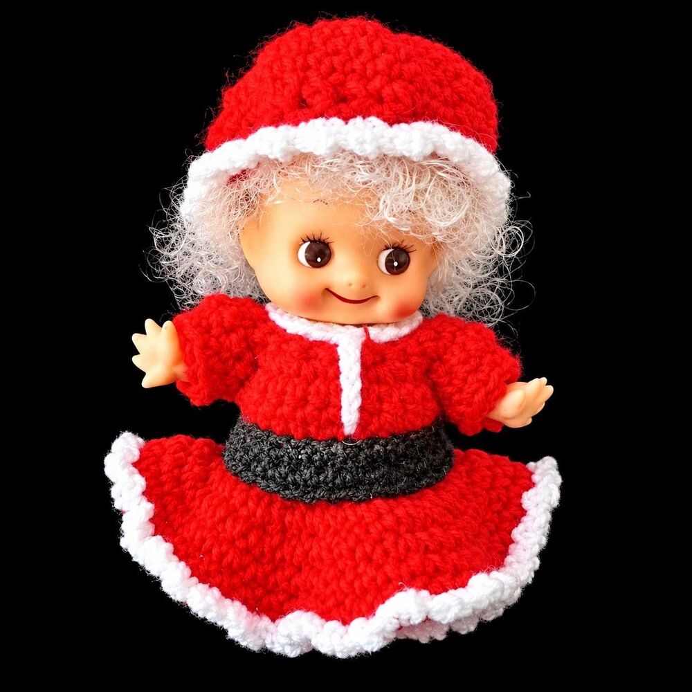 Vintage MCM Kewpie Doll, Mrs Santa Clause, Hand Crochet Red White Dress, 10"